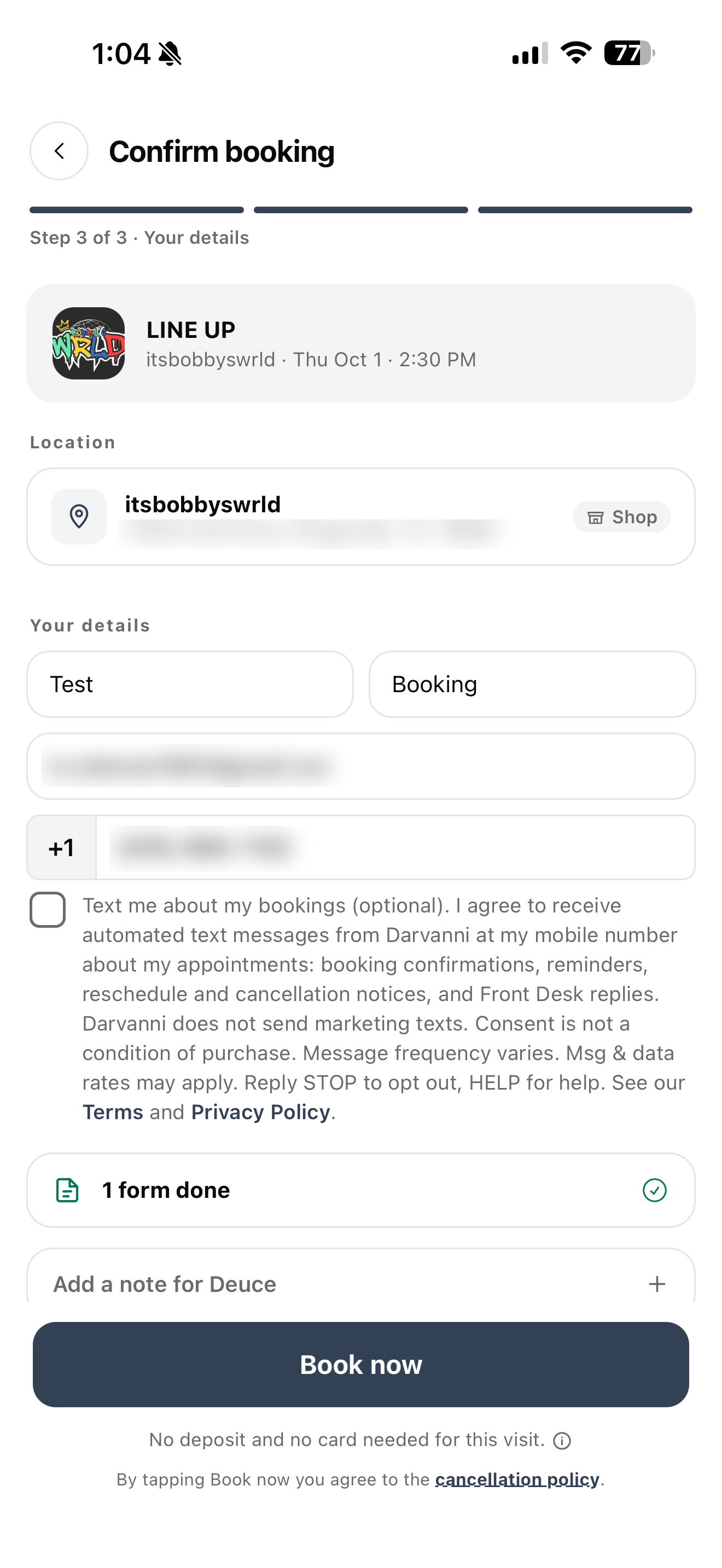 Darvanni booking screen, Step 3 of 3, with the optional SMS consent box unchecked and the Book now button