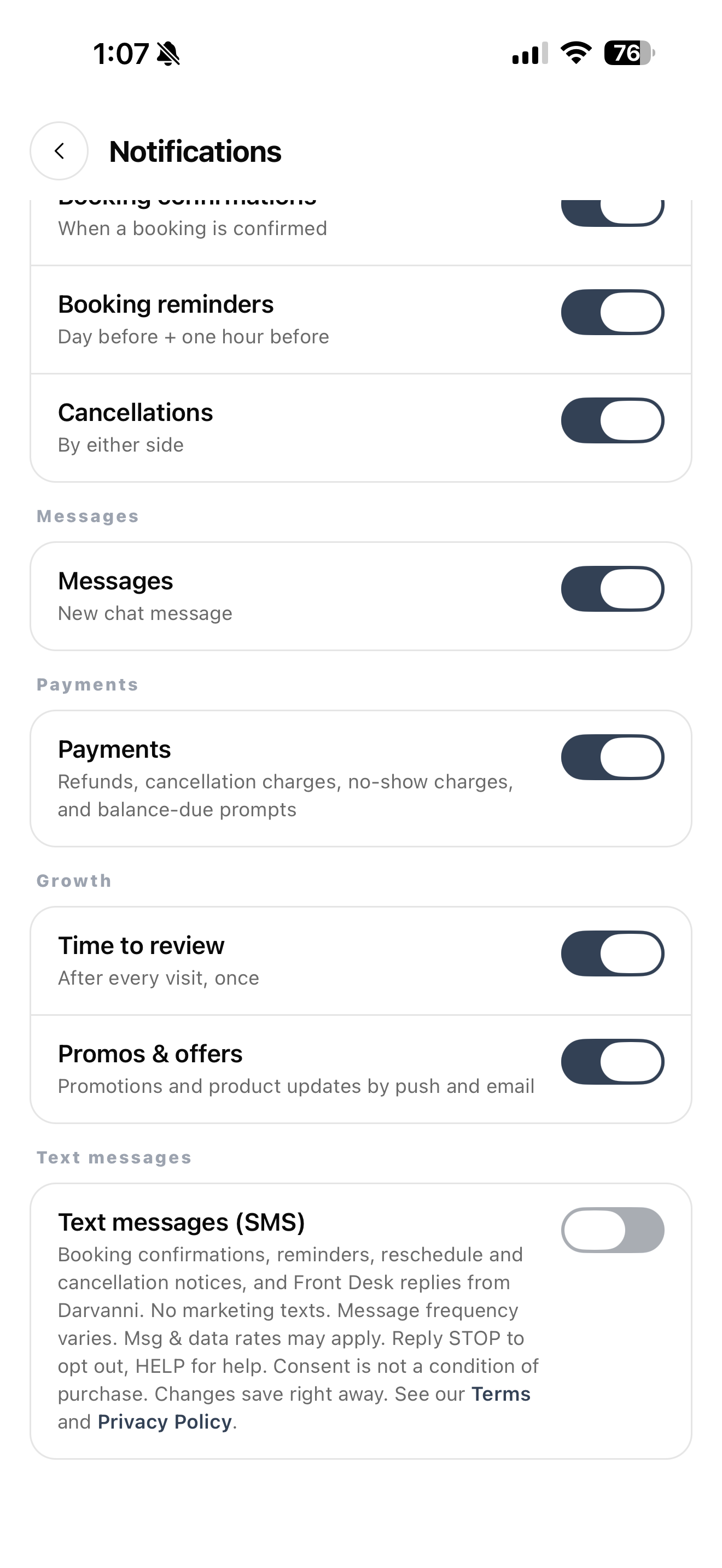 Darvanni Settings, Notifications screen for a customer, with the Text messages (SMS) switch and its disclosure